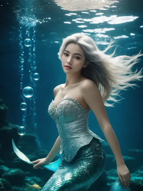 The scene of a beautiful mermaid swimming in the deep sea, long flowing silver hair, perky breasts, gorgeous fishtail skirt, the skirt is inlaid with shining pearls and gems, noble and mysterious, white skin, the light smile, the eyes twinkle, as if telling a moving story, the surrounding bubbles and water waves add to the motion and depth of the picture, the peace and mystery in the deep sea, Beautiful and romantic, full of imagination and artistic appeal, fantasism, fantasy style, masterpieces, pastel colors, deep sea scenes, movie lighting, high contrast, unimaginable beauty,, (best quality:1.3)