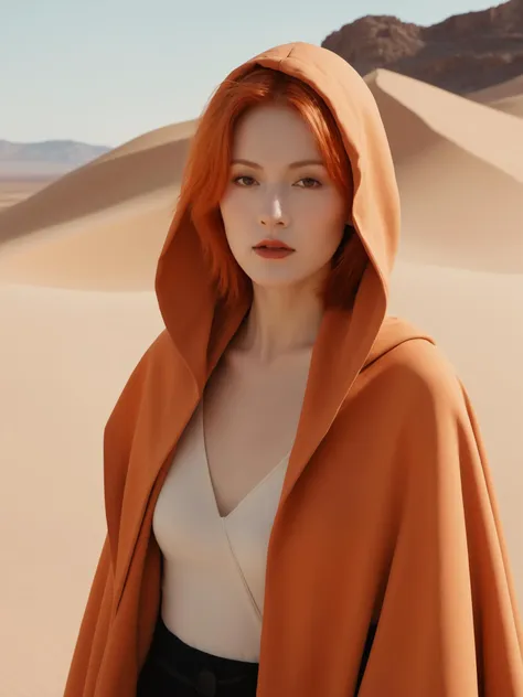 a mature beauty drunk in an earth-colored hood cloak, orange hair, mid-shot, bokeh, palace, desert, ruin wind, wasteland wind, doomsday wind, surreal theatrical light and shadow (lofi, analog, Kodak movie),(movie: orange and red: low, contrast), soothing (saturation),(: orange and red: 1.3), vfx, (best quality:1.3)