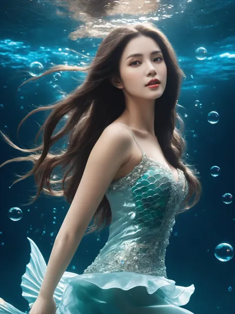 The scene of a beautiful mermaid swimming in the deep sea, long flowing silver hair, perky breasts, gorgeous fishtail skirt, the skirt is inlaid with shining pearls and gems, noble and mysterious, white skin, the light smile, the eyes twinkle, as if telling a moving story, the surrounding bubbles and water waves add to the motion and depth of the picture, the peace and mystery in the deep sea, Beautiful and romantic, full of imagination and artistic appeal, fantasism, fantasy style, masterpieces, pastel colors, deep sea scenes, movie lighting, high contrast, unimaginable beauty,, (best quality:1.3)