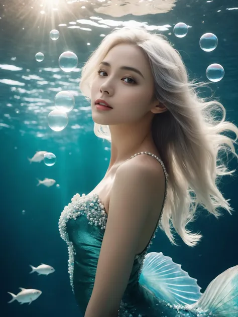 The scene of a beautiful mermaid swimming in the deep sea, long flowing silver hair, perky breasts, gorgeous fishtail skirt, the skirt is inlaid with shining pearls and gems, noble and mysterious, white skin, the light smile, the eyes twinkle, as if telling a moving story, the surrounding bubbles and water waves add to the motion and depth of the picture, the peace and mystery in the deep sea, Beautiful and romantic, full of imagination and artistic appeal, fantasism, fantasy style, masterpieces, pastel colors, deep sea scenes, movie lighting, high contrast, unimaginable beauty,, (best quality:1.3)