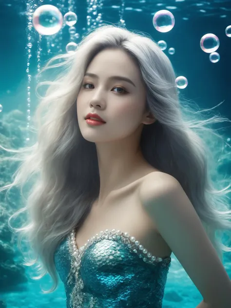 The scene of a beautiful mermaid swimming in the deep sea, long flowing silver hair, perky breasts, gorgeous fishtail skirt, the skirt is inlaid with shining pearls and gems, noble and mysterious, white skin, the light smile, the eyes twinkle, as if telling a moving story, the surrounding bubbles and water waves add to the motion and depth of the picture, the peace and mystery in the deep sea, Beautiful and romantic, full of imagination and artistic appeal, fantasism, fantasy style, masterpieces, pastel colors, deep sea scenes, movie lighting, high contrast, unimaginable beauty,, (best quality:1.3)