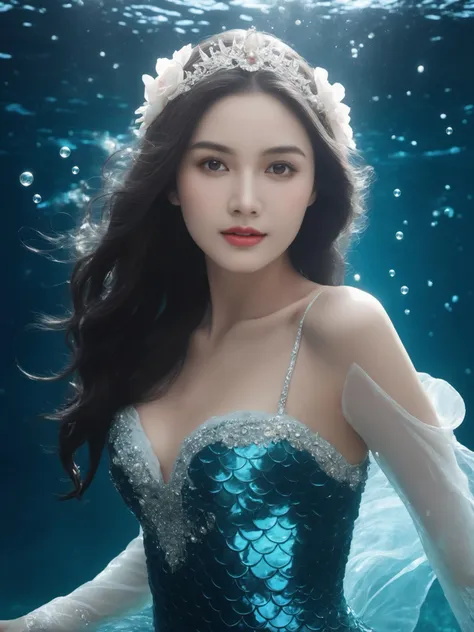 The scene of a beautiful mermaid swimming in the deep sea, long flowing silver hair, perky breasts, gorgeous fishtail skirt, the skirt is inlaid with shining pearls and gems, noble and mysterious, white skin, the light smile, the eyes twinkle, as if telling a moving story, the surrounding bubbles and water waves add to the motion and depth of the picture, the peace and mystery in the deep sea, Beautiful and romantic, full of imagination and artistic appeal, fantasism, fantasy style, masterpieces, pastel colors, deep sea scenes, movie lighting, high contrast, unimaginable beauty,, (best quality:1.3)