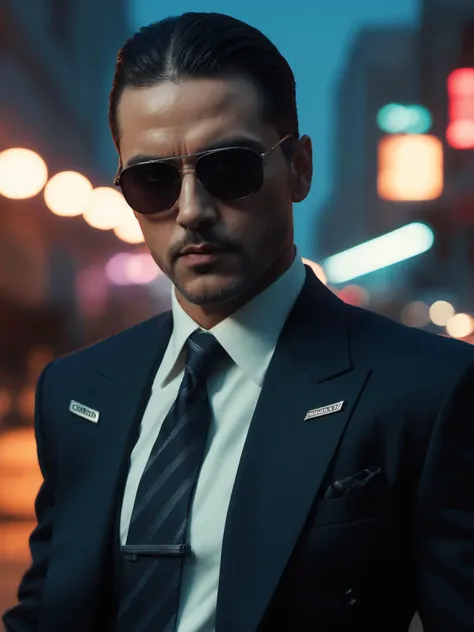 guiltys, A Gangster Godfather, double-breasted suit, Cuban Collar Shirt, night, sunglasses, thriller theme, upper body, deal with it, serious theme, dramatic mood, (bokeh:1.1), depth of field, style of Casey Baugh, tracers, vfx, splashes, light, particles, police, departament food background, signs, illustration, (best quality:1.3)