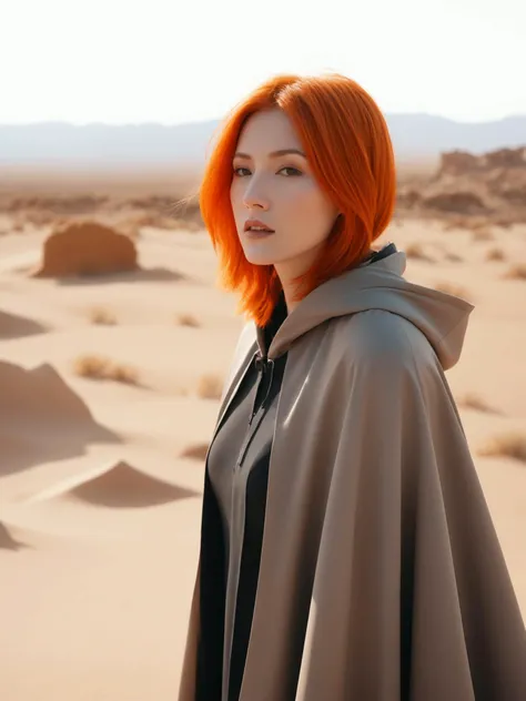 a mature beauty drunk in an earth-colored hood cloak, orange hair, mid-shot, bokeh, palace, desert, ruin wind, wasteland wind, doomsday wind, surreal theatrical light and shadow (lofi, analog, Kodak movie),(movie: orange and red: low, contrast), soothing (saturation),(: orange and red: 1.3), vfx, (best quality:1.3)