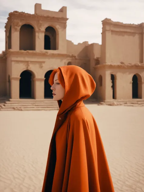 a mature beauty drunk in an earth-colored hood cloak, orange hair, mid-shot, bokeh, palace, desert, ruin wind, wasteland wind, doomsday wind, surreal theatrical light and shadow (lofi, analog, Kodak movie),(movie: orange and red: low, contrast), soothing (saturation),(: orange and red: 1.3), vfx, (best quality:1.3)