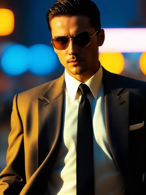 guiltys, A Gangster Godfather, double-breasted suit, Cuban Collar Shirt, night, sunglasses, thriller theme, upper body, deal with it, serious theme, dramatic mood, (bokeh:1.1), depth of field, style of Casey Baugh, tracers, vfx, splashes, light, particles, police, departament food background, signs, illustration, (best quality:1.3)