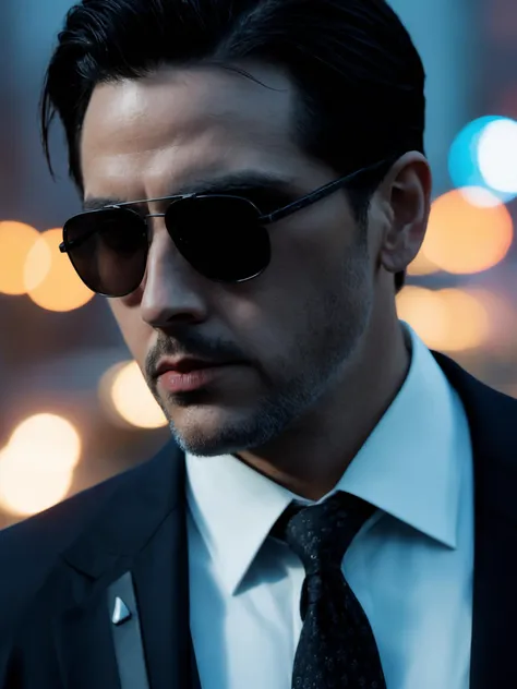 guiltys, A Gangster Godfather, double-breasted suit, Cuban Collar Shirt, night, sunglasses, thriller theme, upper body, deal with it, serious theme, dramatic mood, (bokeh:1.1), depth of field, style of Casey Baugh, tracers, vfx, splashes, light, particles, police, departament food background, signs, illustration, (best quality:1.3)