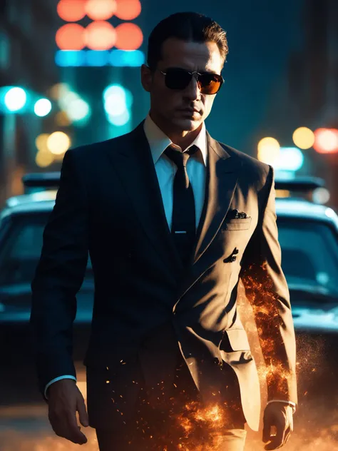 guiltys, A Gangster Godfather, double-breasted suit, Cuban Collar Shirt, night, sunglasses, thriller theme, upper body, deal with it, serious theme, dramatic mood, (bokeh:1.1), depth of field, style of Casey Baugh, tracers, vfx, splashes, light, particles, police, departament food background, signs, illustration, (best quality:1.3)