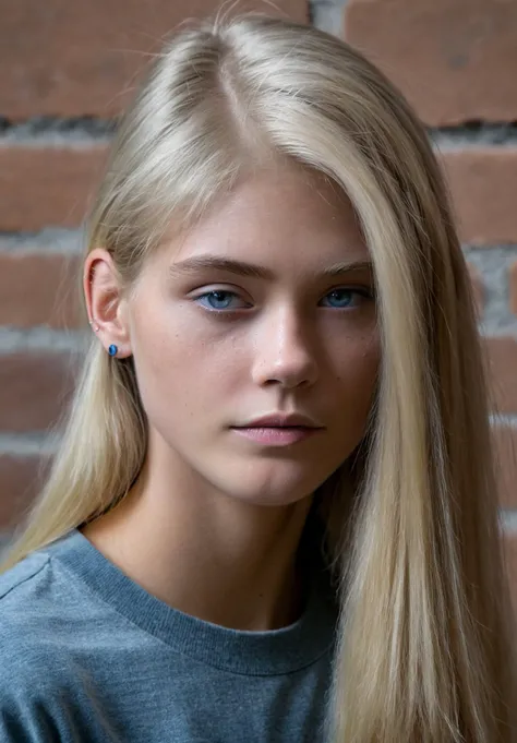 RAW, sharp, face focus, (skin pores:0.1), straight blonde hairstyle, (very long hair:1.1), ((ohwx woman)) hyper detailed, subsurface scattering, caustics, cinematic, 
Grey blue crewneck	Statement ring	Cool greyscale	Rim light outline	Brick wall	Selective focus
in style of Steve McCurry	Canon EOS 5D Mark IV	24-70mm	f/2.8	1/125s	400	 <lora:HannahHays_SDXL_v1.0:1>