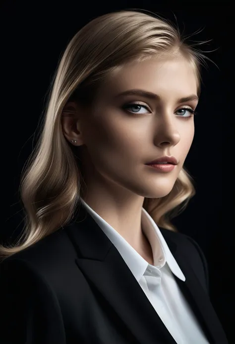 cinematic photo Professional work modelling portfolio photo, (masterpiece, best quality, high quality, highres, ultra-detailed), 
ohwx woman, the essence of elegance and sophistication with a high-contrast black and white portrait of a woman wearing a tailored black blazer and a crisp white blouse. Utilize dramatic lighting techniques inspired by Platon to highlight her defined cheekbones and intense gaze. Set the scene against a minimalist backdrop to create a timeless yet contemporary aesthetic.
creatively unique photography, breathtakingly gorgeous captivating themes in the intense style of the award winning photographers Rankin and Platon
<lora:HannahHays_SDXL_v1.0:1>  . 35mm photograph, film, bokeh, professional, 4k, highly detailed