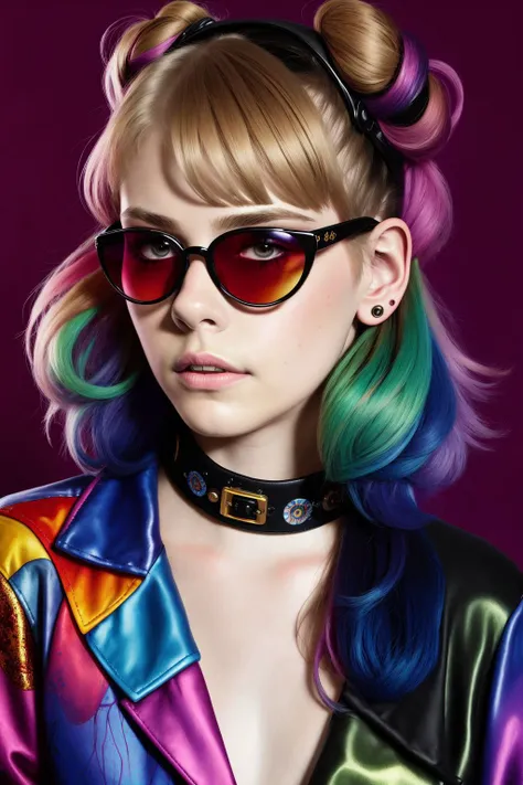 painting by Chuck Close and (Takashi Murakami:0.5), 1girl, solo, detailed hair and ears, Fierce, Fashion-forward ensemble, Bold, printed jumpsuit paired with statement platform heels, oversized sunglasses, and a designer handbag. This head-turning outfit exuded confidence and style, in 2010 New York, close-up shots of faces, fantasy, highly detailed, cinematic lighting, digital painting, delicate arms,  ray tracing, caustics, <lora:HannahHays_v1.0:1>