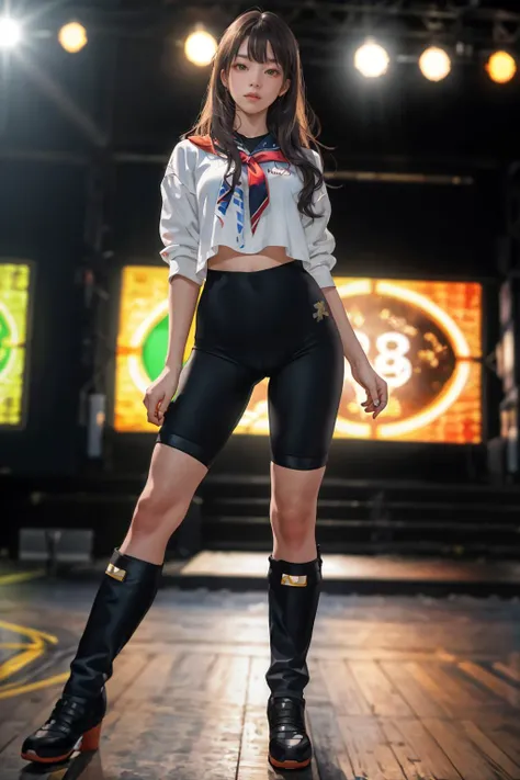 8K,highres,absurdres,masterpiece,best quality,original,extremely detailed CG,extremely detailed wallpaper,perfect lighting,<lyco:GoodHands-beta2:1>,1girl,blurry_background,looking_at_viewer,standing on the stage,
<lora:B1k35h0rt5:0.7>,b1k35h0rt5,bike shorts,