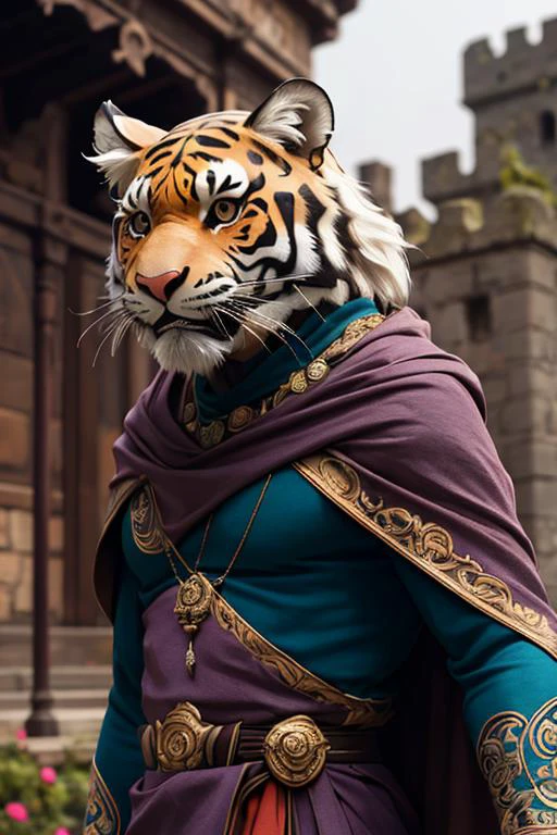 photography, ashuralora tigerhead at india castle, purple cape, battle field, rim lighting, ornate, detail, flowers, blurry background, soft focus <lora:ashuralorav01:1>