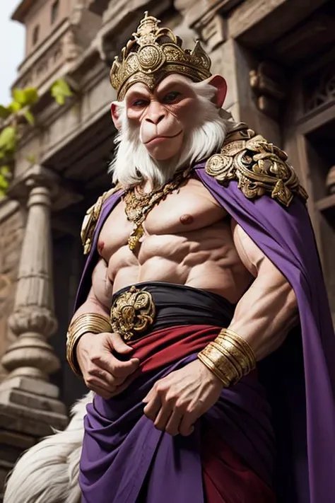 photography, ashuralora white monkey at india castle, purple cape, battle field, rim lighting, ornate, detail, flowers, blurry background, soft focus <lora:ashuralorav01:1>