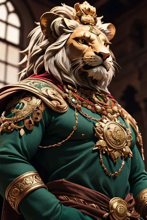 photography, 1man, ashuralora lion at india castle, fur, green cape, battle field, rim lighting, ornate, detail, flowers, blurry background, soft focus <lora:ashuralorav01:1>