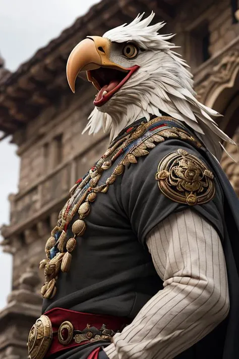 photography, 1man, ashuralora eagle head at india castle, animal, beak, black cape, battle field, rim lighting, ornate, detail, flowers, blurry background, soft focus <lora:ashuralorav01:1>