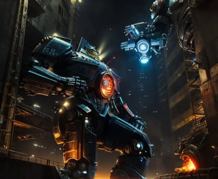 mecha,Gipsy Danger,realistic,architecture, bridge, building, burning, city, city_lights, cityscape, clock, embers, explosion, fire, night, no_humans, scenery, science_fiction, skyscraper, steampunk, street, tower