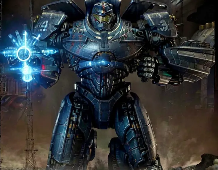 Fine detail, 4K wallpaper, arms outstretched, body and arms sharply defined, full body,masterpiece, best quality,Plasmacaster,mecha,Gipsy Danger,arm,blue_fire, electricity, energy, fantasy, fire, glowing, lightning,no_humans, science_fiction,black_background, glowing, glowing_eye, mecha, realistic, science_fiction
