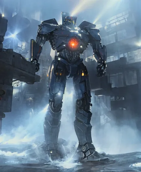 Fine detail, 4K wallpaper, arms outstretched, body and arms sharply defined, full body,masterpiece, best quality,mecha,Gipsy Danger,realistic,blue_theme, fantasy, no_humans, scenery, snow, snowing, tower, underwater