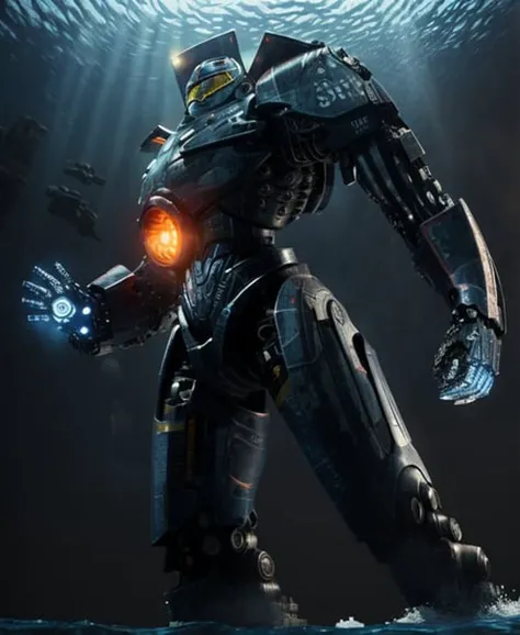Fine detail, 4K wallpaper, arms outstretched, body and arms sharply defined, full body,masterpiece, best quality,mecha,Gipsy Danger,realistic,blue_theme, fantasy, no_humans, scenery, snow, snowing, tower, underwater