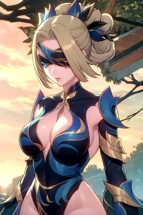 woman, blonde hair, large breasts, eyes patchs, upper body, hair ornament, <lora:AscendedV1.1:0.8>, nature