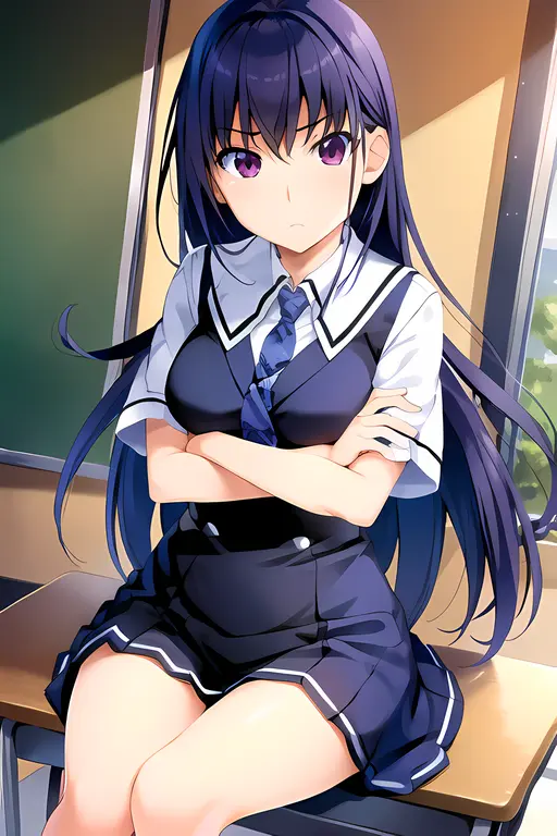 sakaki yumiko, 1girl, best quality, masterpiece, school uniform, blue necktie, annoying, crossed arms, sitting at desk, school, <lora:Sakaki_Yumiko-15:0.7>