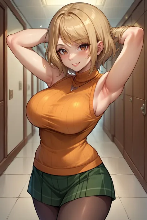 score_9, score_8_up, score_7_up, score_6_up, source_anime BREAK 1girl  <lora:ashleygraham-pdxl-nvwls-v1-000005:1> reAshley, brown eyes, bangs, necklace, orange sweater, sleeveless turtleneck, green miniskirt, pantyhose, (big breasts:0.5), looking at you, smile, arms behind head, from side, looking at you, curious, hallway