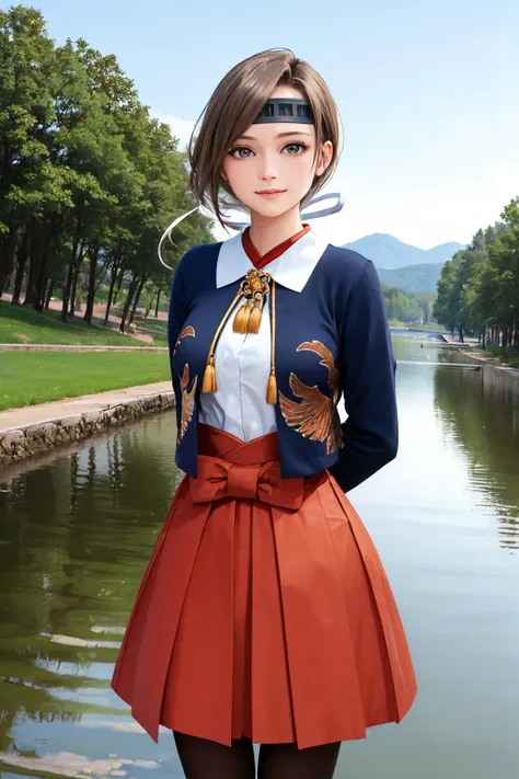 (masterpiece, best quality:1.2), cowboy shot, solo, 1girl, chitose, smile, looking at viewer, arms behind back, wading, ponytail, headband, japanese clothes, hakama skirt, black pantyhose <lora:kancolle_chitose:1.0>