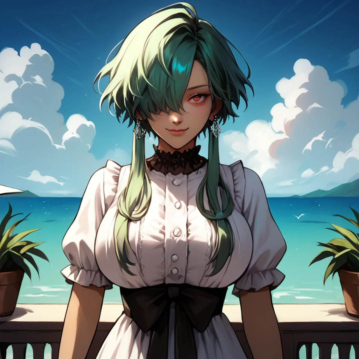 score_9, score_8_up, score_7_up, score_6_up, score_5_up, source anime, BREAK, ((cowboy shot)), smile, closed mouth, (dark skin), daytime, clouds, sky, vacation, resort, bar, bright colors, looking at viewer, 1girl, earring, lace, (hair over one eye), red eye, jewelry, gloves, lace choker, gem, green hair, (short hair with long locks), huge breasts, (giant girl), <lora:LFashionPDXL:1> , (zzLFashion), frilled dress, (long dress), frills, bow, layered clothing, ribbon, ((black frilled dress)), panythose, floral background, <lora:hand 4:0.5> , Hand, hands, perfect hands, perfect, detailed, <lora:Nora2:1>