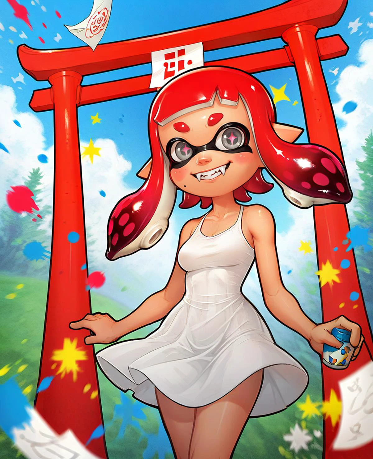 score_9_up, score_8_up, cowboy shot, wide shot, 1girl, Inkling \(Splatoon\), inkling_girl, medium hair, red hair, tentacle hair, suction cups, grey eyes, symbol-shaped pupils, pale skin, medium breasts, fangs, smiling, teeth, paint splatter, sundress
, outside, at a Japanese temple, torii, paper lanterns, midday, <lora:DNA:1>