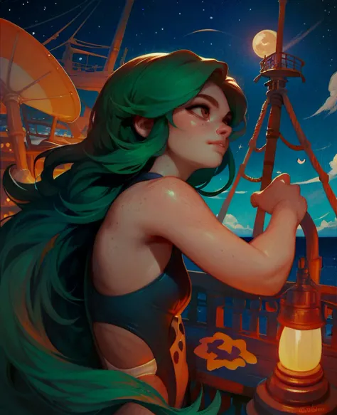 score_9_up, score_8_up, score_7_up, upper body, 1girl, very long hair, dark green hair, brown eyes, fair skin, freckles, small breasts, swimsuit, sandals
, outside, at a ship, night, night sky, stars, multiple moons, telescope, cloudy, <lora:IckPot:1>