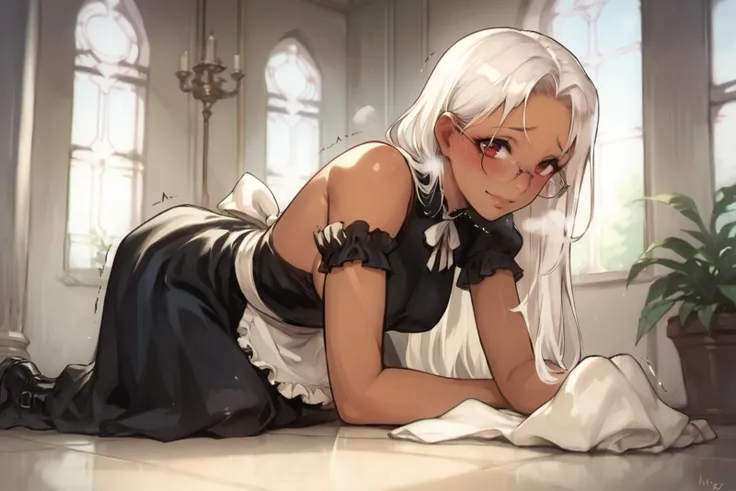 score_9, score_8_up, score_7_up, score_6_up, score_5_up, source anime, BREAK, looking at viewer, realistic background, indoors, hallway, corridor, chandelier, tables, chairs, , plants, (dark skin), white hair, red eyes, (angel), petite, (maid), black maid outfit, (sideboob), shy, embarrassed, blush, smile, lusty, trembling, heavy breathing, ((crawling, all-fours)), crooked glasses, <lora:OldAnimeStyle_PonyXL_v3:0.5> <lora:Morry:0.8>, solo,
