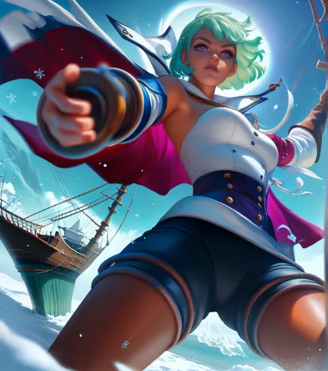 score_9_up, score_7_up, dynamic pose, cowboy shot, from below, worm's-eye view, pantyshot, 1girl, short hair, light green hair, purple eyes, tan skin, medium breasts
, outside, at a pirate ship, midday, snow storm, <lora:sakimichan:1>