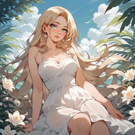 score_9, score_8_up, score_7_up, score_6_up, score_5_up, artwork
1girl, brown to blonde ombre hair, slightly blushing, beautiful gray eyes, perfect body, wearing white summer dress, (nipples slightly visible under white dress:0.6), <lora:EvviArt:0.75>
