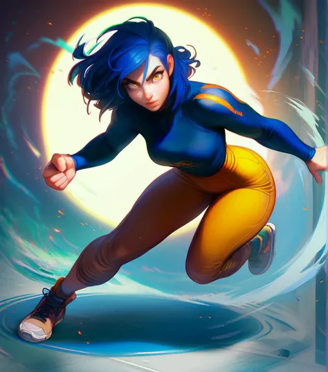 score_9_up, score_7_up, dynamic pose, full body, 1girl, medium hair, dark blue hair, yellow eyes, fair skin, freckles, medium breasts
, <lora:sakimichan:1>