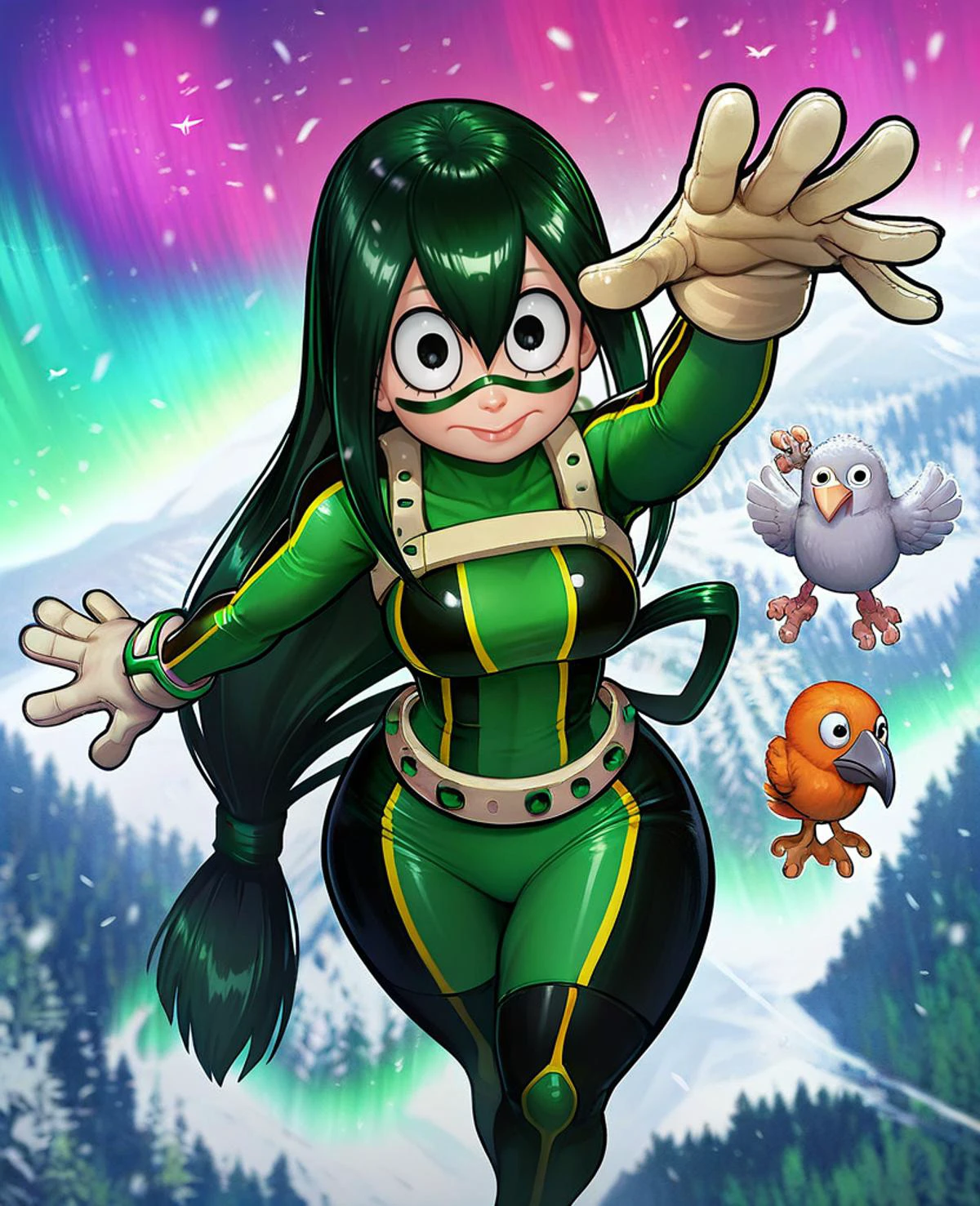 score_9_up, score_7_up, upper body, from above, bird's-eye view, 1girl, Asui Tsuyu\(boku no hero academia\), green hair, very long hair, low-tied long hair, tied hair, black eyes, wide hips, thick thighs, medium breasts,
, outside, at the tundra, aurora, twilight, snowing, <lora:DNA:1>