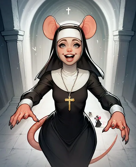 score_9_up, score_8_up, rating_safe, pov, 1girl, (mouse girl), monster girl, black hair, grey eyes, mouse ears, (mouse tail), small breasts, smiling, open mouth, peasant dress, nun, habit, cross
, <lora:DNA:1>