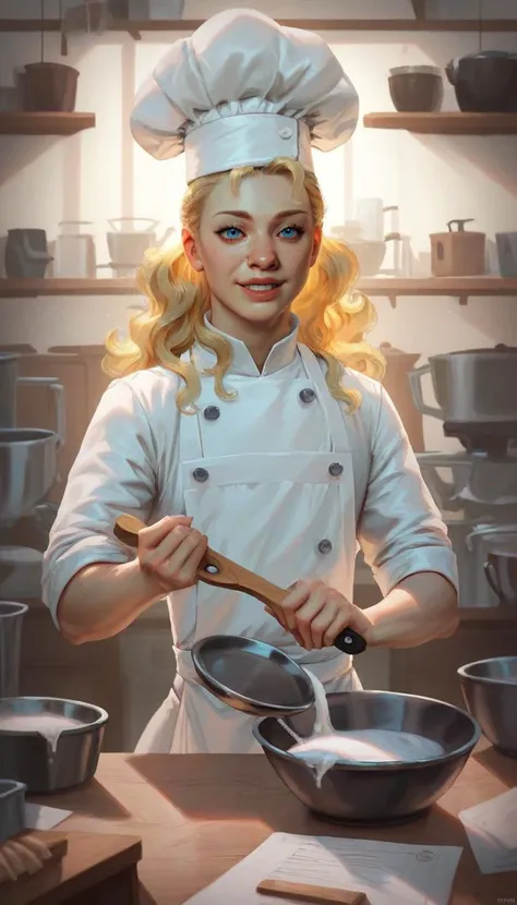 zPDXL, score_9, score_8_up, score_7_up, score_6_up, score_5_up, score_4_up, BREAK shading, blonde chef, beautiful face, bright blue eyes, long wavy blonde hair, wearing a classic white chef's hat, white chef's jacket, apron, standing in a modern kitchen, stainless steel appliances, wooden countertops, holding a mixing bowl, smiling, happy expression, flour dust on cheeks, vibrant lighting, colorful vegetables on the counter, pots and pans hanging in the background, POV from the front, character looking at the viewer, inviting atmosphere, culinary tools,, <lora:srreal:1>