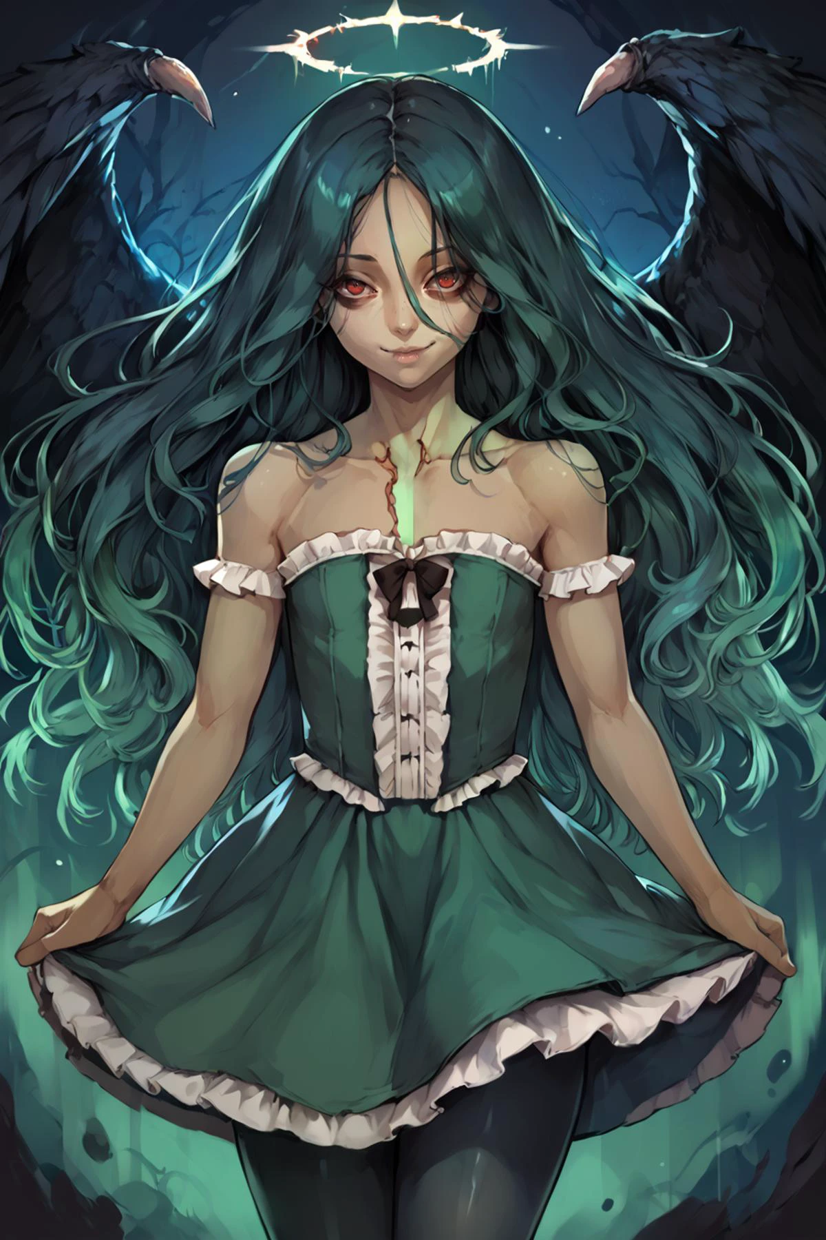 score_9, score_8_up, score_7_up, score_6_up, score_5_up, source anime, BREAK, (dark-skinned female), (angel wing), dark skin, 1girl, red eyes, very long hair, gradient hair, teal hair, green hair, messy hair, wild hair, smile, closed mouth, solo, eyeliner, fantasy landscape, ((horror)), bare shoulders, looking at viewer, (cowboy shot), uncensored, androgynous, (flat chest), (green gown), <lora:LFashionPDXL:0.95> , zzLFashion, frills, bow, dress, pantyhose, <lora:Nora2:1>