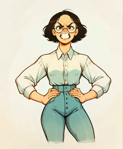 score_9_up, score_8_up, score_7_up, <lora:Pony_QualityV4.0:.75>, rating_safe, angry, hands on hips, 1girl, nerd, round glasses, thick rimmed glasses, smiling, teeth
, <lora:solarpuff:1>