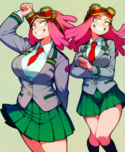 score_9_up, score_8_up, score_7_up, dynamic pose, cowboy shot, different views,
1girl, Hatsume Mei \(boku no hero academia\), long hair, pink hair, yellow eyes, crosshair pupils, large breasts, grin, goggles, goggles on head, u.a._school_uniform, grey jacket, blazer, long sleeves, white collared shirt, red necktie, green skirt, pleated skirt, black socks, brown loafers
, source_anime, anime style, anime studio