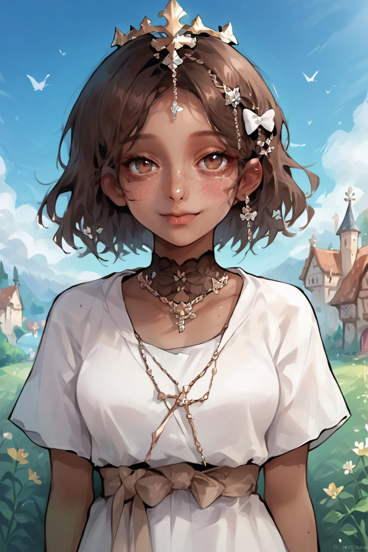 score_9, score_8_up, score_7_up, score_6_up, score_5_up, source anime, BREAK, (dark skin), brown hair, 1girl, solo, (freckles), castle town, outdoors, bare arms, looking at viewer, smile, closed mouth, blush, breasts, white robe, <lora:rong_hui:0.9> <lora:SashaKHMEL_Style_Pony:0.7> <lora:p4st3lg0r3XLP:1> , p4st3lg0r3, hair ornament, jewelry, bow, <lora:Nora2:1>