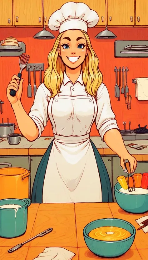 zPDXL, score_9, score_8_up, score_7_up, score_6_up, score_5_up, score_4_up, BREAK shading, blonde chef, beautiful face, bright blue eyes, long wavy blonde hair, wearing a classic white chef's hat, white chef's jacket, apron, standing in a modern kitchen, stainless steel appliances, wooden countertops, holding a mixing bowl, smiling, happy expression, flour dust on cheeks, vibrant lighting, colorful vegetables on the counter, pots and pans hanging in the background, POV from the front, character looking at the viewer, inviting atmosphere, culinary tools,, <lora:solarpuff:1>