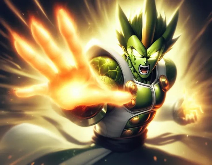 ShiningFinger, beautiful gorgeous furious Perfect Cell, roaring, action pose, shining glowing holy hand