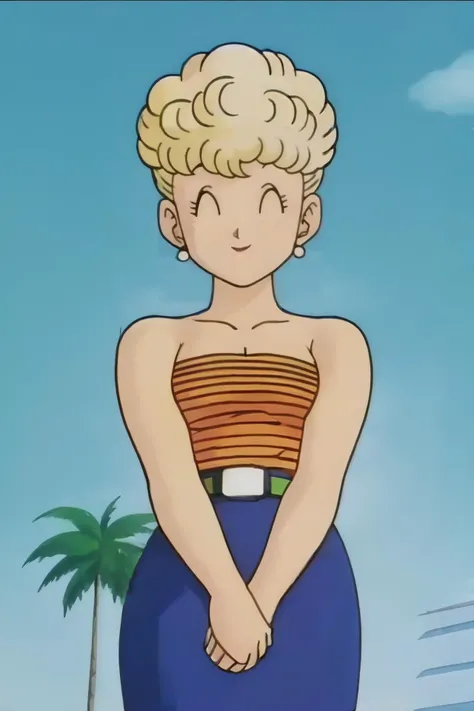 source_anime, score_9, score_8_up, score_7_up, anime screencap,
panchy, 1girl, solo, breasts, smile, skirt, blonde hair, cleavage, bare shoulders, jewelry, closed eyes, earrings, outdoors, sky, short hair, curly hair, day, belt, cloud, tree, blue sky, blue skirt, strapless, ^ ^, cloudy sky, own hands together, v arms, palm tree, tube top, 1980s \(style\)
<lora:panchy_pony_v1:0.8>