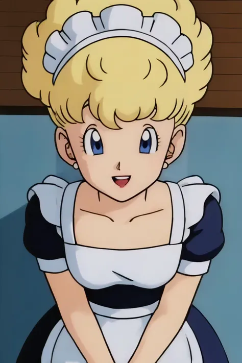 source_anime, score_9, score_8_up, score_7_up, anime screencap,
panchy, blonde hair, short hair, curly hair, blue eyes,
maid headdress, maid, pantyhose, black shoes,
indoors, smile, teeth, from above,
<lora:panchy_pony_v1:0.8>