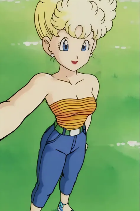 source_anime, score_9, score_8_up, score_7_up, anime screencap,
panchy, blonde hair, short hair, curly hair, blue eyes,
shirt tucked in, tube top, striped shirt, cleavage, strapless, jeans, blue pants,striped, belt, pants, denim, sandals, blue footwear,
selfie, from above, grass,
<lora:panchy_pony_v1:0.8>