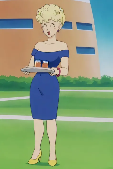 source_anime, score_9, score_8_up, score_7_up, anime screencap,8k, absurdres,
panchy, 1girl, solo, breasts, smile, open mouth, blonde hair, dress, holding, cleavage, bare shoulders, jewelry, standing, full body, short hair, curly hair, closed eyes, earrings, food, off shoulder, high heels, bracelet, cup, blue dress, grass, blue sky, drinking glass, tray, off-shoulder dress, holding tray, yellow footwear
<lora:panchy_pony_v1:0.8>