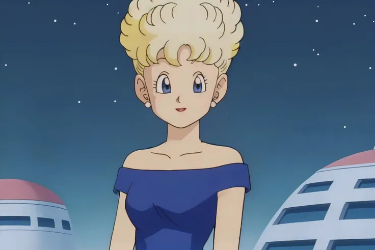 source_anime, score_9, score_8_up, score_7_up, anime screencap,
panchy, blonde hair, short hair, curly hair, blue eyes,
star \(sky\), neon,
long blue dress, collarbone, bare shoulders,
<lora:panchy_pony_v1:0.8>