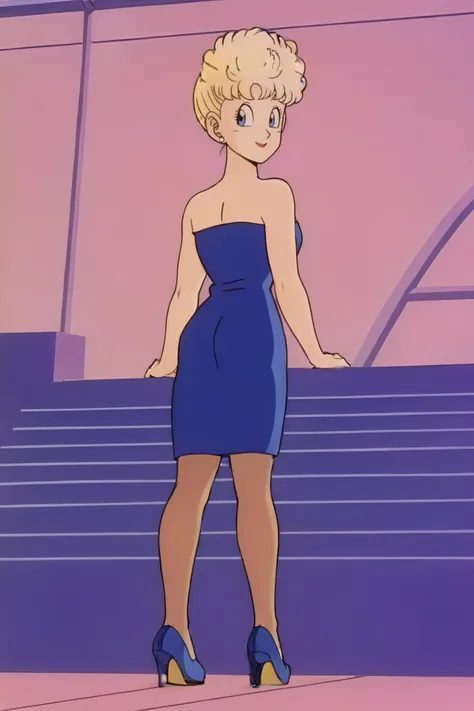 source_anime, score_9, score_8_up, score_7_up, anime screencap,
panchy, blonde hair, short hair, curly hair, blue eyes,
star \(sky\), neon, skyscraper,
long blue dress, collarbone, bare shoulders, pantyhose, blue high heels, looking back, from behind, smile,
<lora:panchy_pony_v1:0.8>